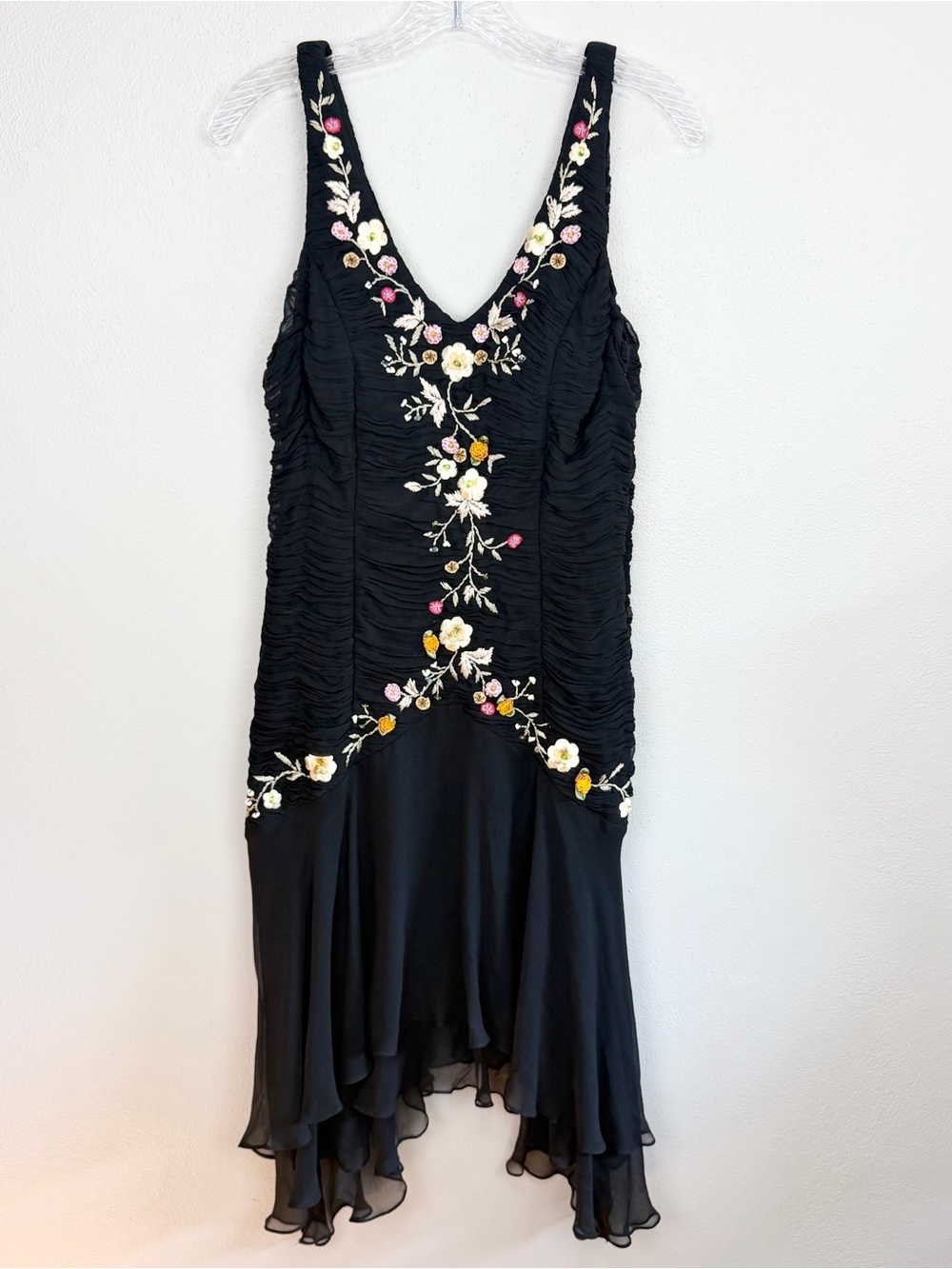 Vintage Sue Wong Silk Floral Embroidered Dress Sleeveless Ruched Black Size 14